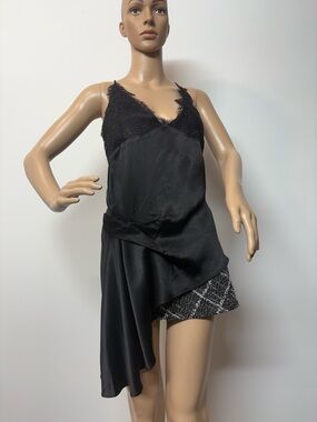 Zara Black Lace-Trim Satin Slip Dress